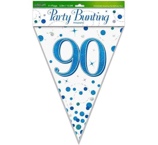 90th Sparkling Fizz Birthday Blue Holographic Bunting