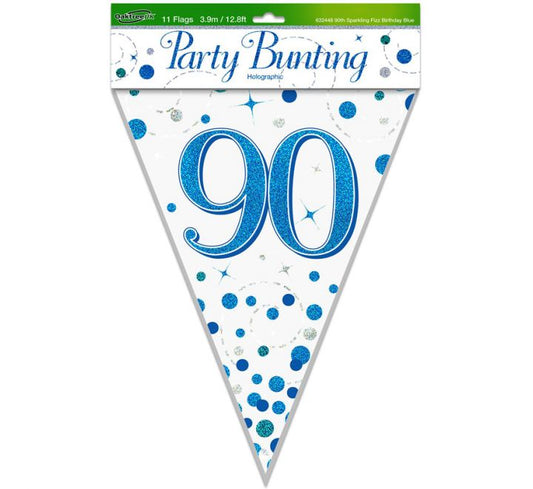 90th Sparkling Fizz Birthday Blue Holographic Bunting