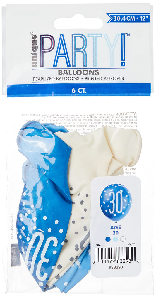 Birthday Glitz Blue Latex Balloons Age 30