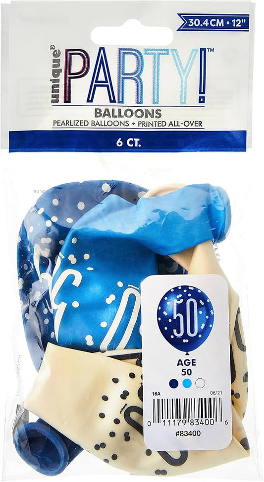 Birthday Glitz Blue Latex Balloons Age 50