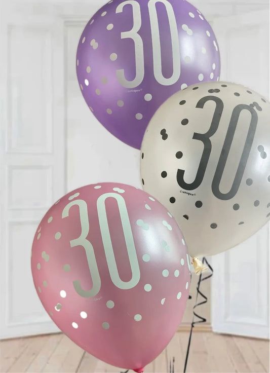 Birthday Glitz Pink Latex Balloons Age 30