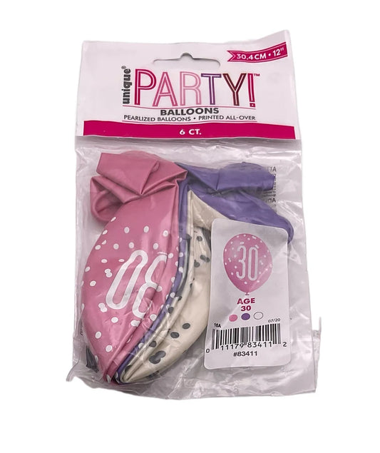 Birthday Glitz Pink Latex Balloons Age 30