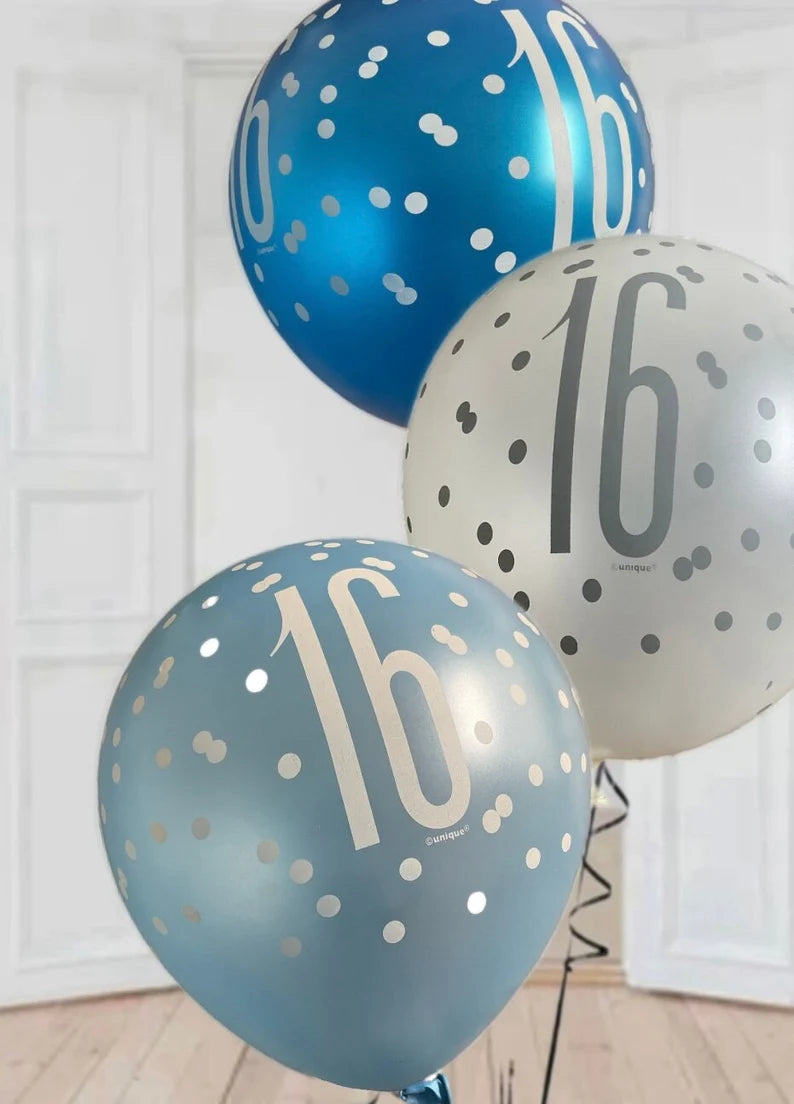 Birthday Glitz Blue Latex Balloons Age 16