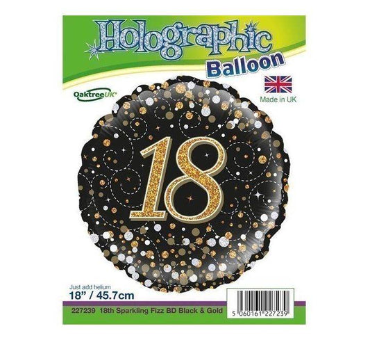 Sparkling Fizz 18th Birthday Black & Gold Holographic Foil Balloon - Eternity Party Express