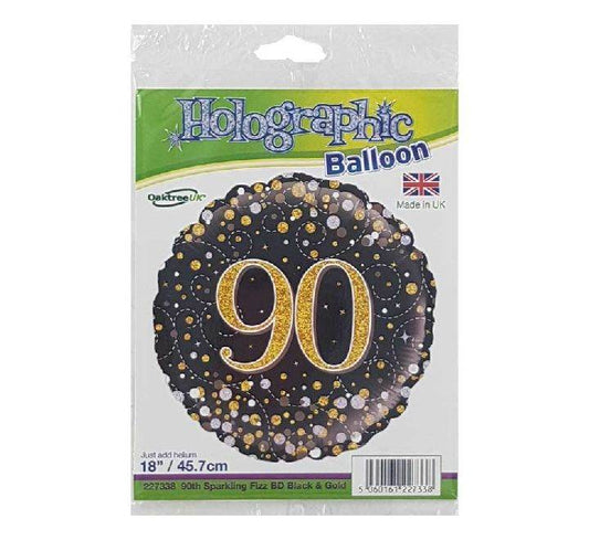 Sparkling Fizz 90th Birthday Black & Gold Holographic Foil Balloon - Eternity Party Express