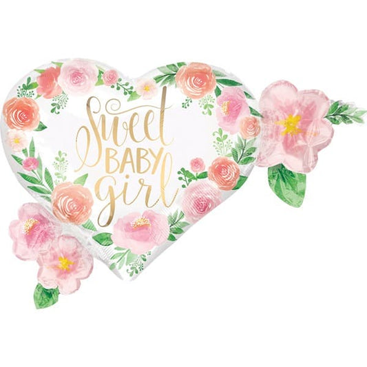 Floral Sweet Baby Girl Satin Luxe Shape Foil Balloon
