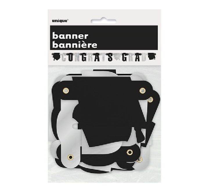 Black And Silver Happy Graduation Foil Letter Banner - Eternity Party Express