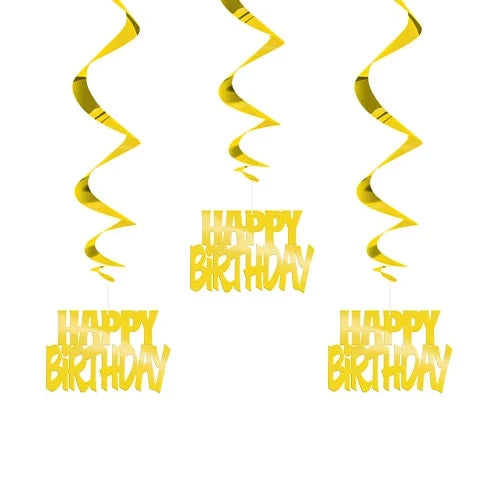Gold Happy Birthday Hanging Swirl Decorations