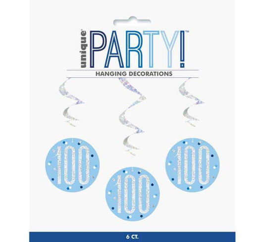 Happy 100th Birthday Blue & Silver Glitz Hanging Swirls Decorations