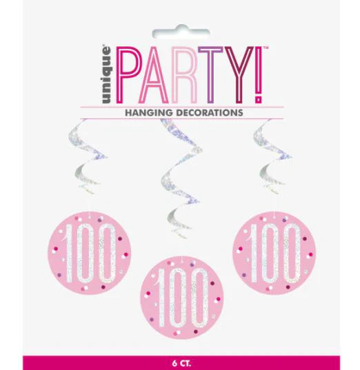 Happy 100th Birthday Pink & Silver Glitz Hanging Swirls Decorations