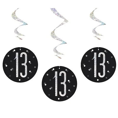 Happy 13th Birthday Black & Silver Glitz Hanging Swirls Decorations