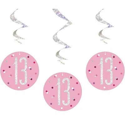 Happy 13th Birthday Pink & Silver Glitz Hanging Swirls Decorations