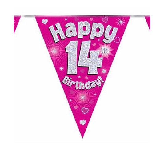 Happy 14th Birthday Pink And Silver Bunting