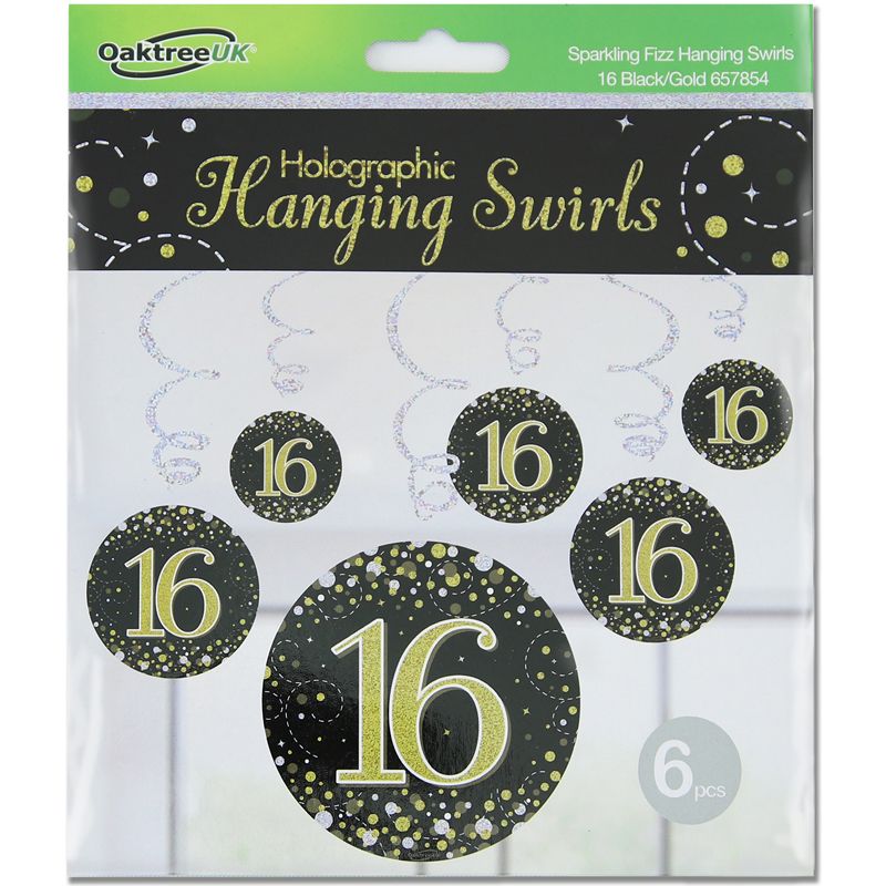 Happy 16th Birthday Holographic Black Hanging Swirls 6pcs