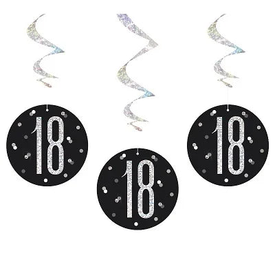 Happy 18th Birthday Black & Silver Glitz Hanging Swirls Decorations