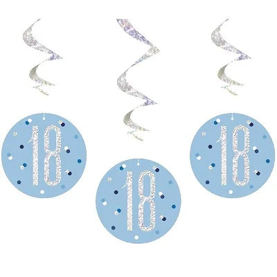 Happy 18th Birthday Blue & Silver Glitz Hanging Swirls Decorations