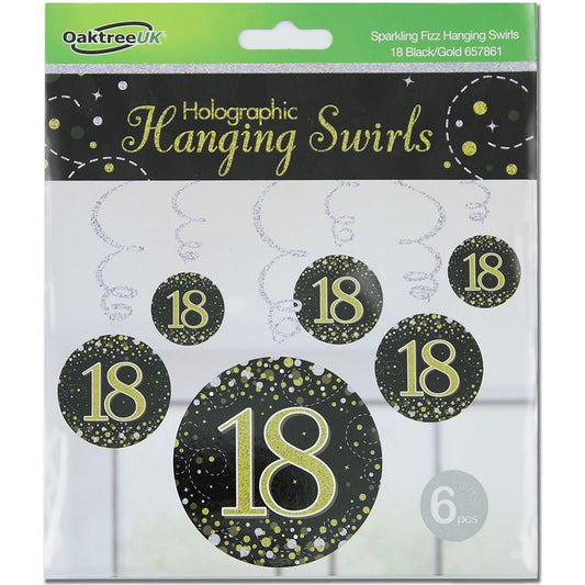 Happy 18th Birthday Holographic Black Hanging Swirls 6pcs
