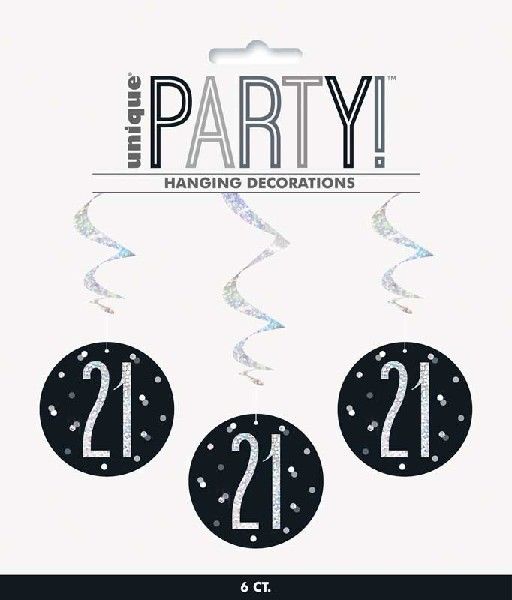 Happy 21st Birthday Black & Silver Glitz Hanging Swirls Decorations