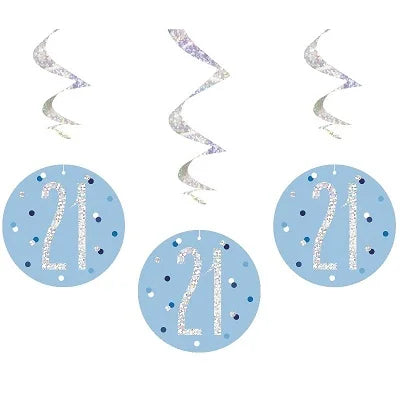 Happy 21st Birthday Blue & Silver Glitz Hanging Swirls Decorations