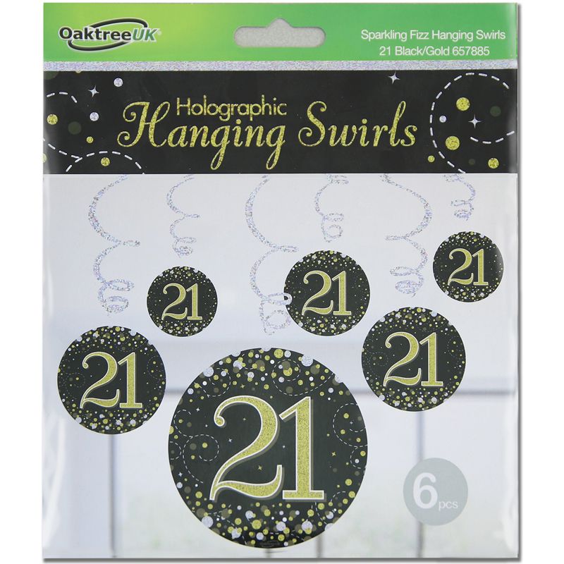 Happy 21st Birthday Holographic Black Hanging Swirls 6pcs
