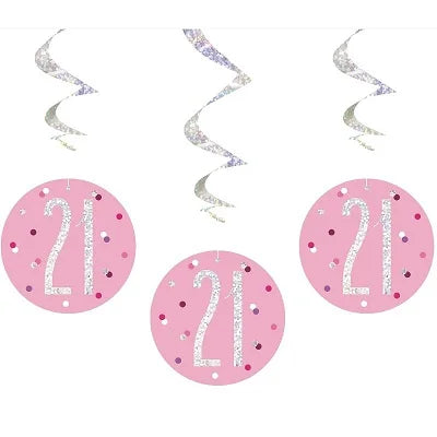 Happy 21st Birthday Pink & Silver Glitz Hanging Swirls Decorations