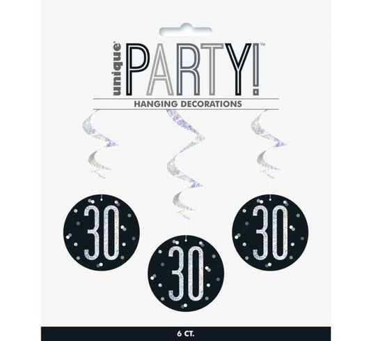 Happy 30th Birthday Black & Silver Glitz Hanging Swirls Decorations