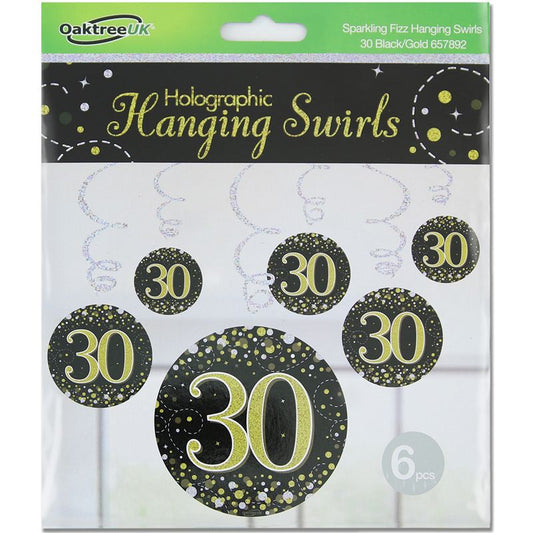Happy 30th Birthday Holographic Black Hanging Swirls 6pcs