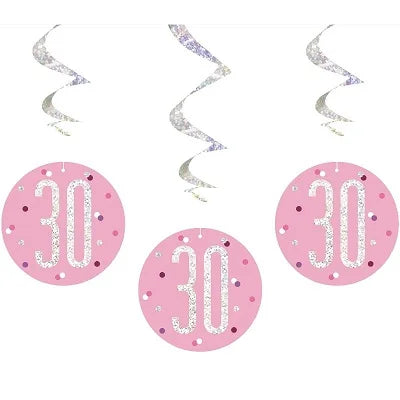 Happy 30th Birthday Pink & Silver Glitz Hanging Swirls Decorations