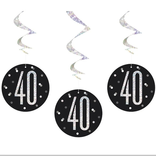 Happy 40th Birthday Black & Silver Glitz Hanging Swirls Decorations