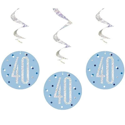 Happy 40th Birthday Blue & Silver Glitz Hanging Swirls Decorations