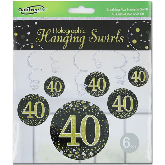 Happy 40th Birthday Holographic Black Hanging Swirls 6pcs