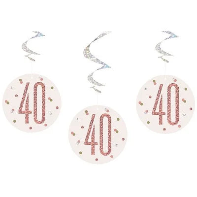 Happy 40th Birthday Rose Gold & Silver Glitz Hanging Swirls Decorations
