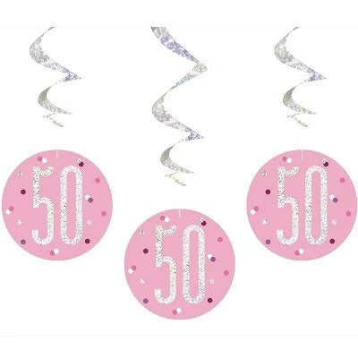 Happy 50th Birthday Pink & Silver Glitz Hanging Swirls Decorations