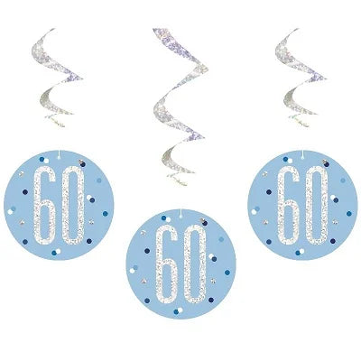 Happy 60th Birthday Blue & Silver Glitz Hanging Swirls Decorations