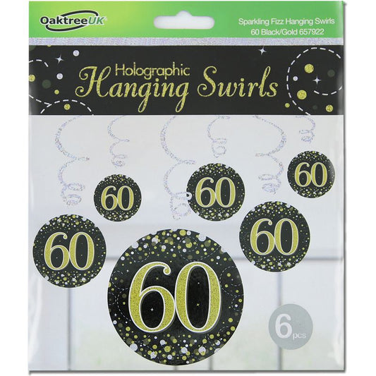 Happy 60th Birthday Holographic Black Hanging Swirls 6pcs