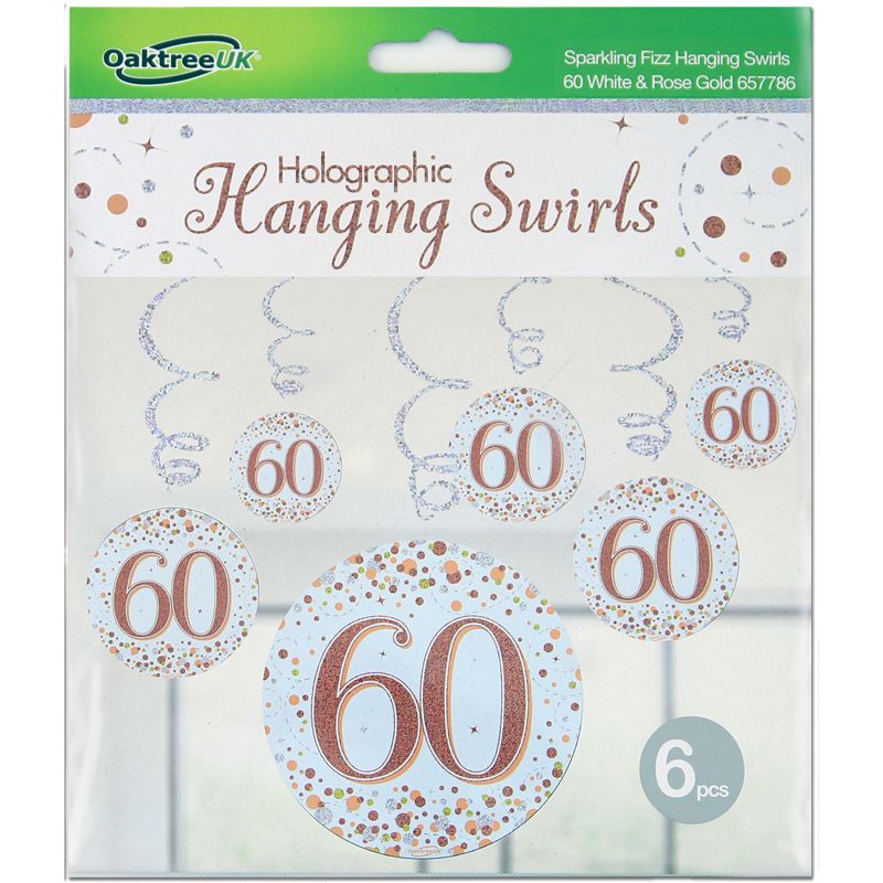 Happy 60th Birthday Holographic Rose Gold Hanging Swirls 6pcs