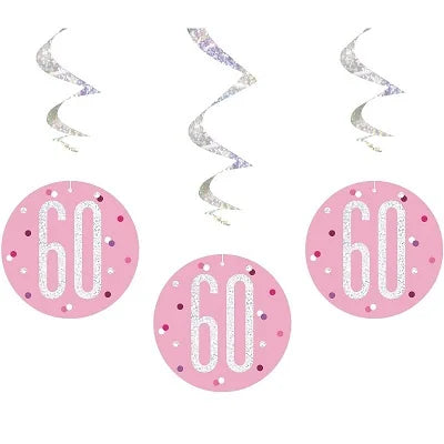 Happy 60th Birthday Pink & Silver Glitz Hanging Swirls Decorations