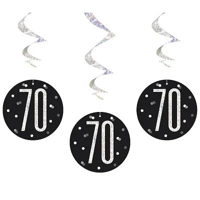 Happy 70th Birthday Black & Silver Glitz Hanging Swirls Decorations