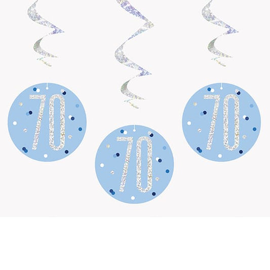 Happy 70th Birthday Blue & Silver Glitz Hanging Swirls Decorations