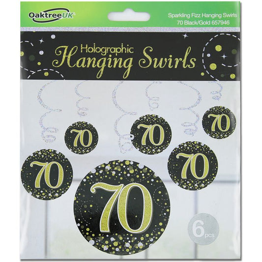 Happy 70th Birthday Holographic Black Hanging Swirls 6pcs