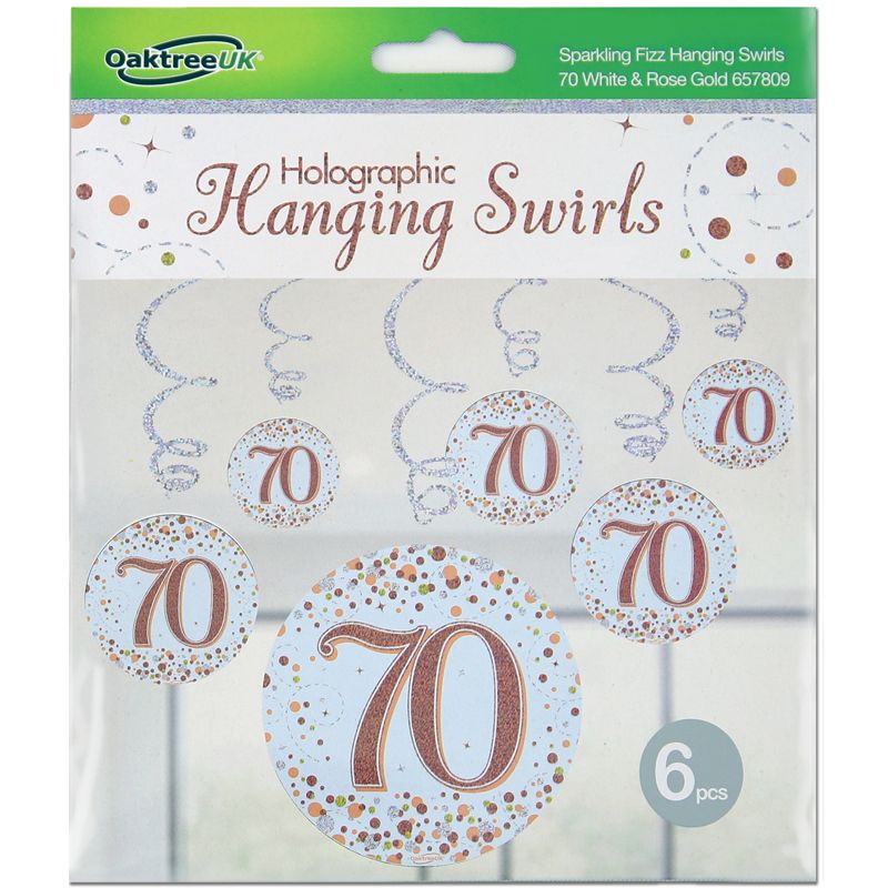 Happy 70th Birthday Holographic Rose Gold Hanging Swirls 6pcs