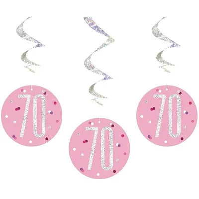 Happy 70th Birthday Pink & Silver Glitz Hanging Swirls Decorations