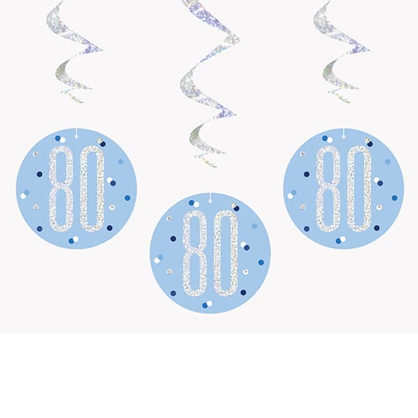 Happy 80th Birthday Blue & Silver Glitz Hanging Swirls Decorations