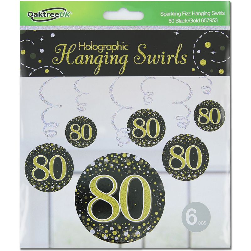 Happy 80th Birthday Holographic Black Hanging Swirls 6pcs