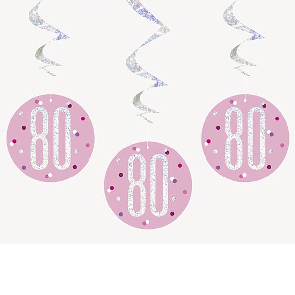 Happy 80th Birthday Pink & Silver Glitz Hanging Swirls Decorations