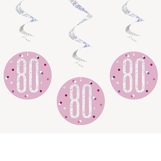 Happy 80th Birthday Pink & Silver Glitz Hanging Swirls Decorations