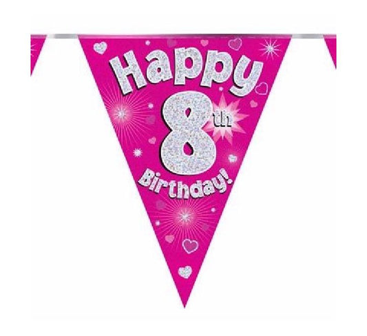 Happy 8th Birthday Pink And Silver Bunting