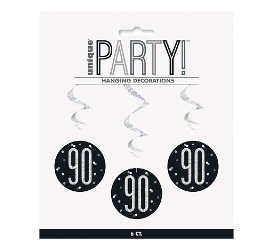 Happy 90th Birthday Black & Silver Glitz Hanging Swirls Decorations