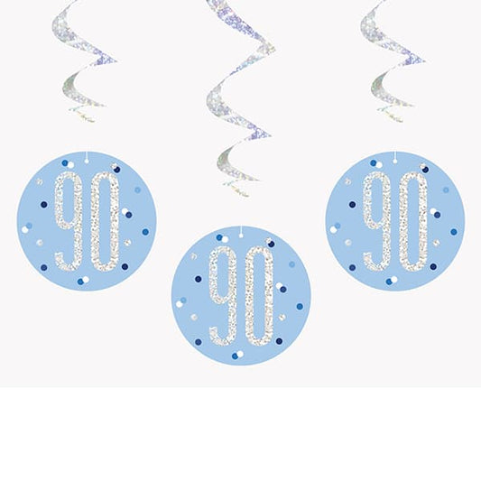 Happy 90th Birthday Blue & Silver Glitz Hanging Swirls Decorations