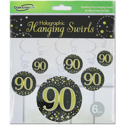 Happy 90th Birthday Holographic Black Hanging Swirls 6pcs